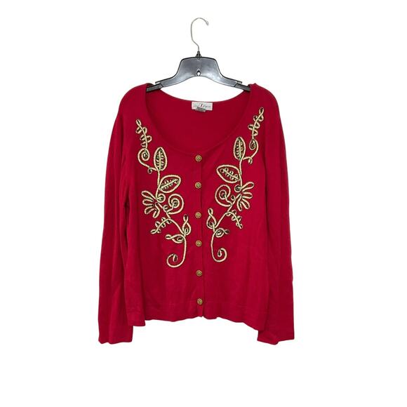 Once Again Sweaters - VTG Y2K Once Again Knit Red Cardigan Sweater Gold Embellishments Size X-Large